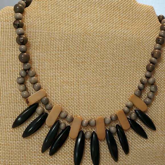 Grey Black Tagua Necklace Handmade Organic Tagua Jewelry Ecuador 17" classic bib - Picture 2 of 7